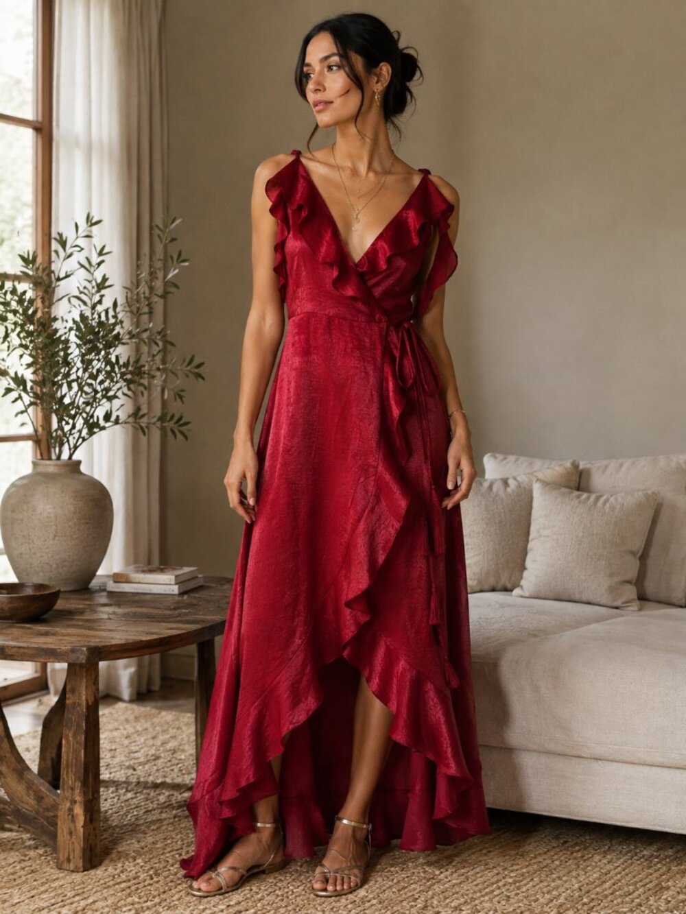 Flying Tomato Red Ruffle Wrap Maxi Dress Open Back Halter High Low Boho S